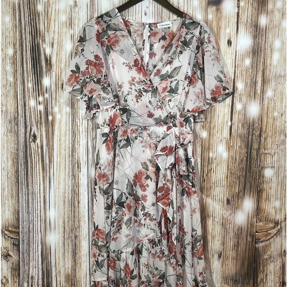 Calvin Klein High Low Floral Midi Dress Flutter Sleeves Sz 6 wedding shower